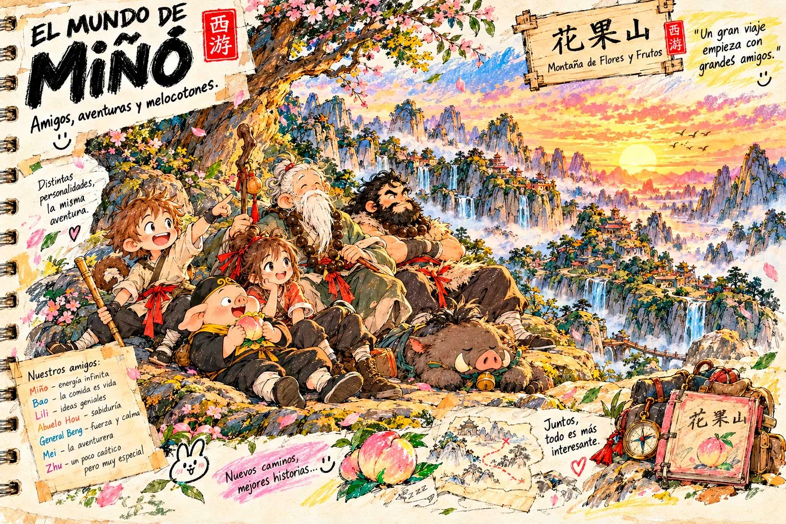 Página del cuaderno de Mei con el título El Mundo de Miño: el grupo descansa bajo un árbol mirando la Montaña de Flores y Frutos al atardecer, rodeado de notas, un mapa, melocotones y una brújula