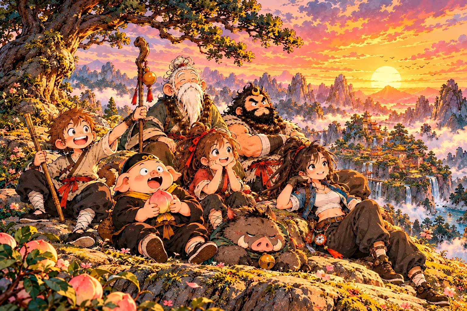 Al atardecer, Miño, Bao, el Abuelo Hou, Lili, el General Beng, Mei y Zhu descansan juntos en una colina entre melocotoneros y miran hacia las montañas, las cascadas y el sol que se pone