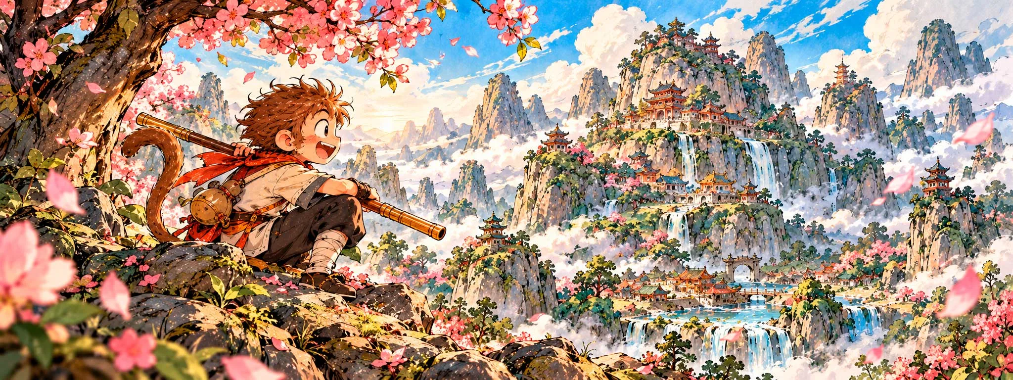 Miño, sentado en una roca bajo un melocotonero en flor con su bastón al hombro, contempla sonriente la Montaña de Flores y Frutos: picos, cascadas y pagodas entre las nubes