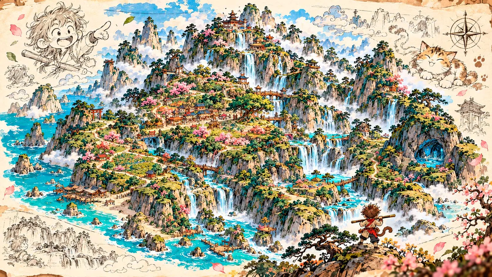 Mapa ilustrado de la Montaña de Flores y Frutos: una isla de picos con cascadas, puentes, aldeas, templos y una cueva, rodeada de mar; en una esquina, Miño de espaldas con su bastón mira la montaña