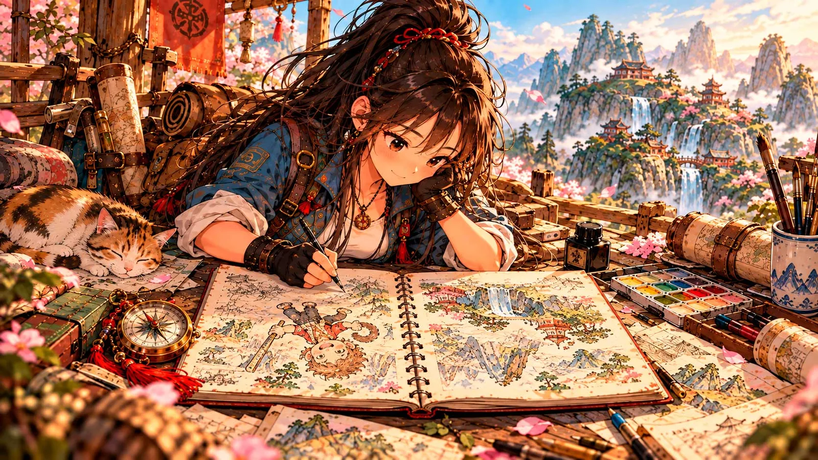Mei, recostada sobre su mesa de trabajo, dibuja a Miño en un cuaderno abierto rodeada de pinceles, acuarelas, una brújula y mapas enrollados; a su lado duerme un gato y al fondo se ven montañas con cascadas y pagodas